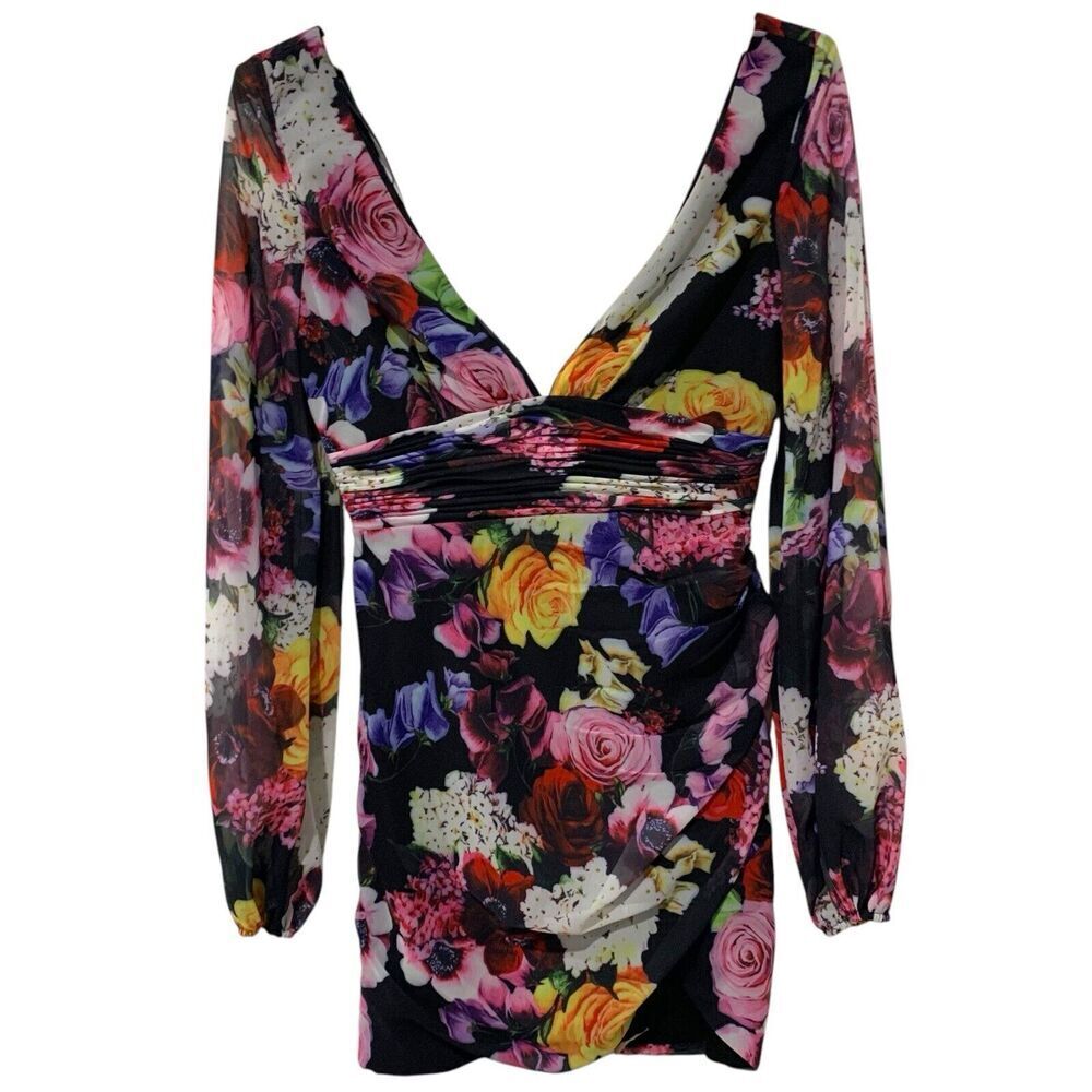 Ieena for Mac Duggal | Dress Mini Floral Long Sleeve Plunging Neck- Size 0